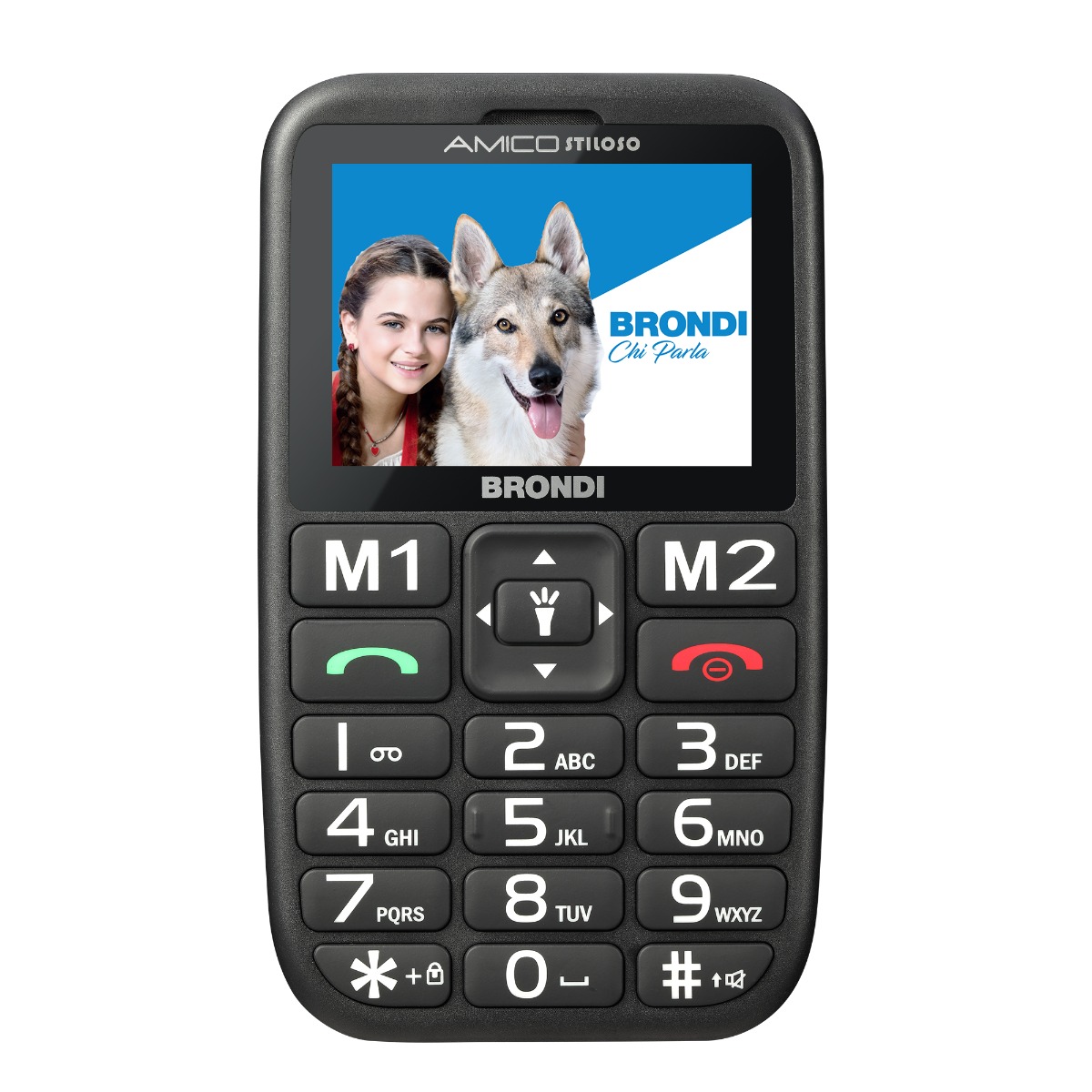 Brondi Amico Stiloso, cellulare per anziani con cover — vista frontale